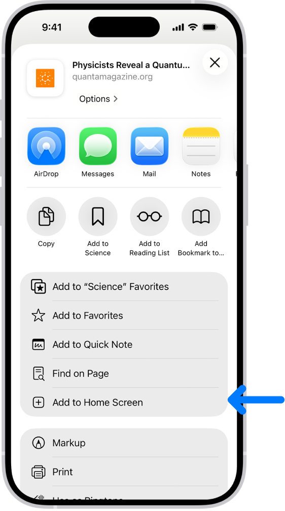 Safari share sheet showing Add to Home Screen option